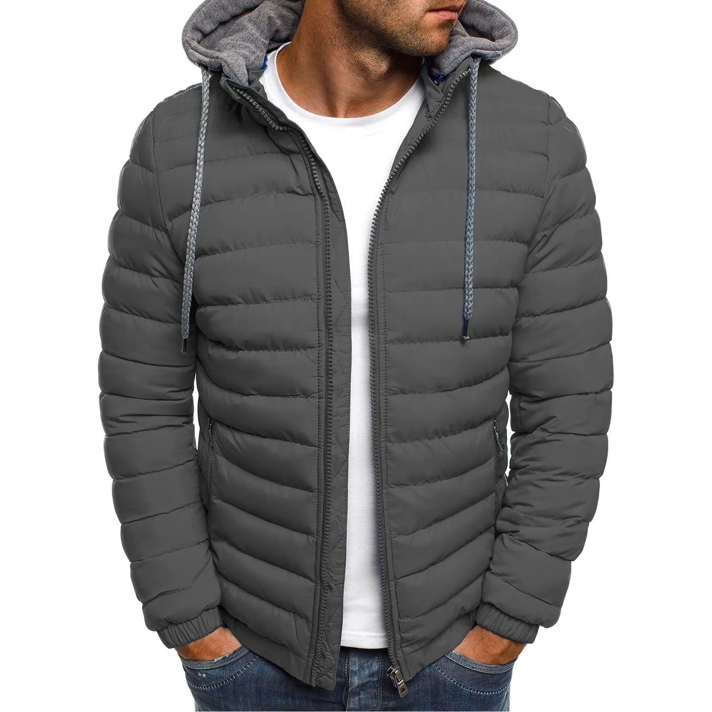 Men's Casual Stylish Solid Color Hooded Cotton Jacket