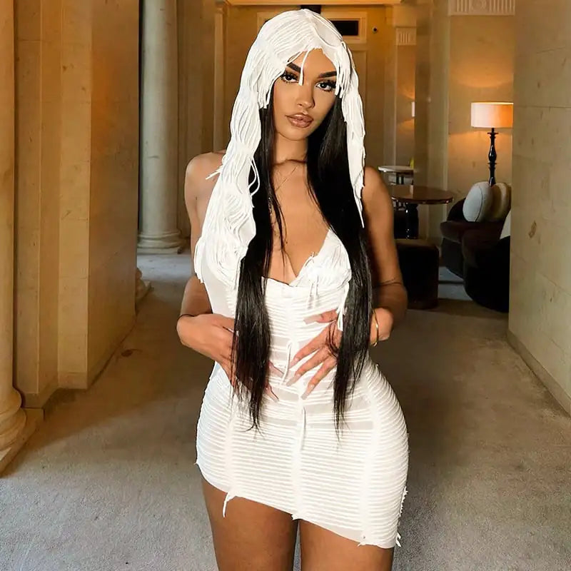 Solid Color Casual Sleeveless Hooded Tassel Dress