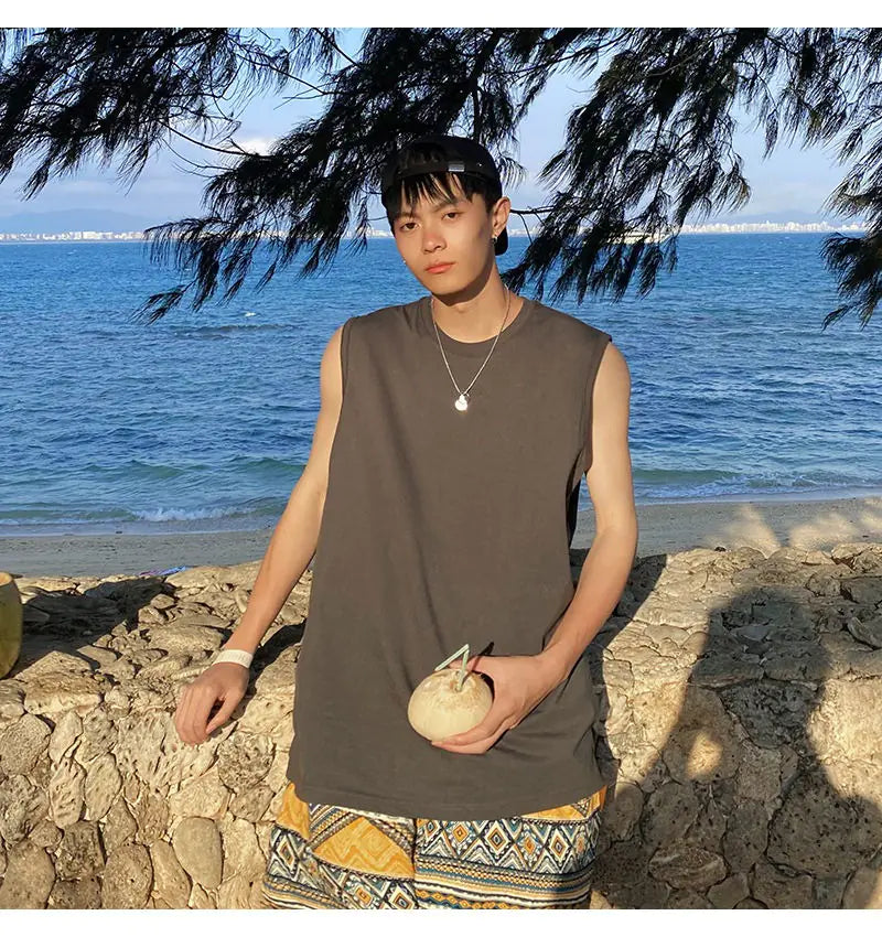 Trendy Men's Solid Color Sleeveless Sports T-shirt