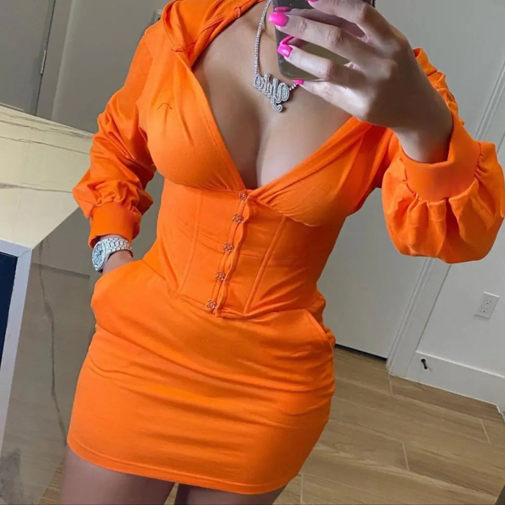 Solid Color Hooded Long Sleeve Casual Dress