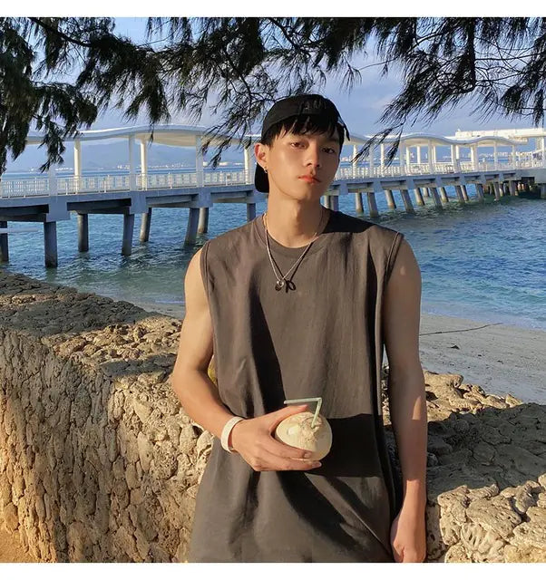 Trendy Men's Solid Color Sleeveless Sports T-shirt