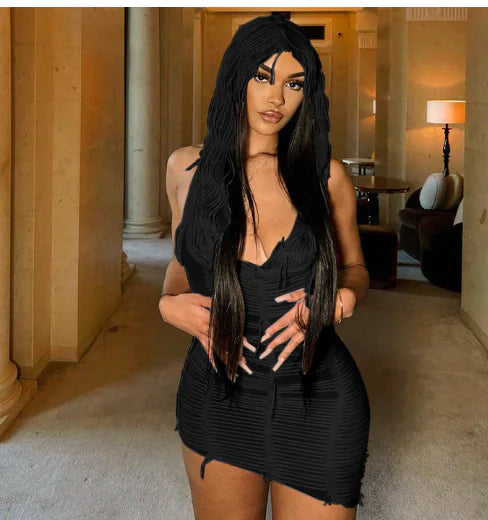 Solid Color Casual Sleeveless Hooded Tassel Dress