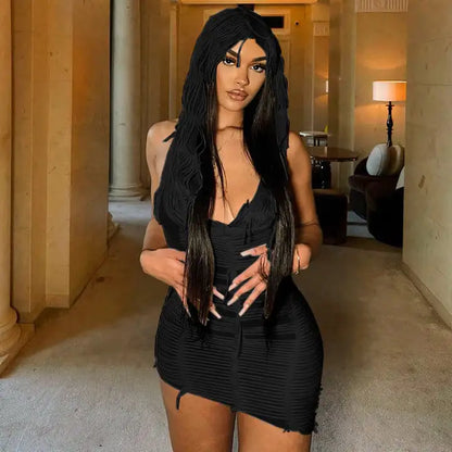 Solid Color Casual Sleeveless Hooded Tassel Dress