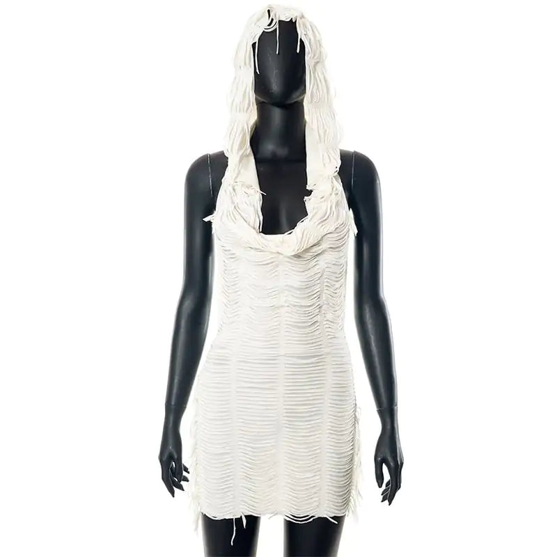 Solid Color Casual Sleeveless Hooded Tassel Dress