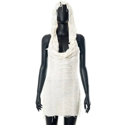 Solid Color Casual Sleeveless Hooded Tassel Dress